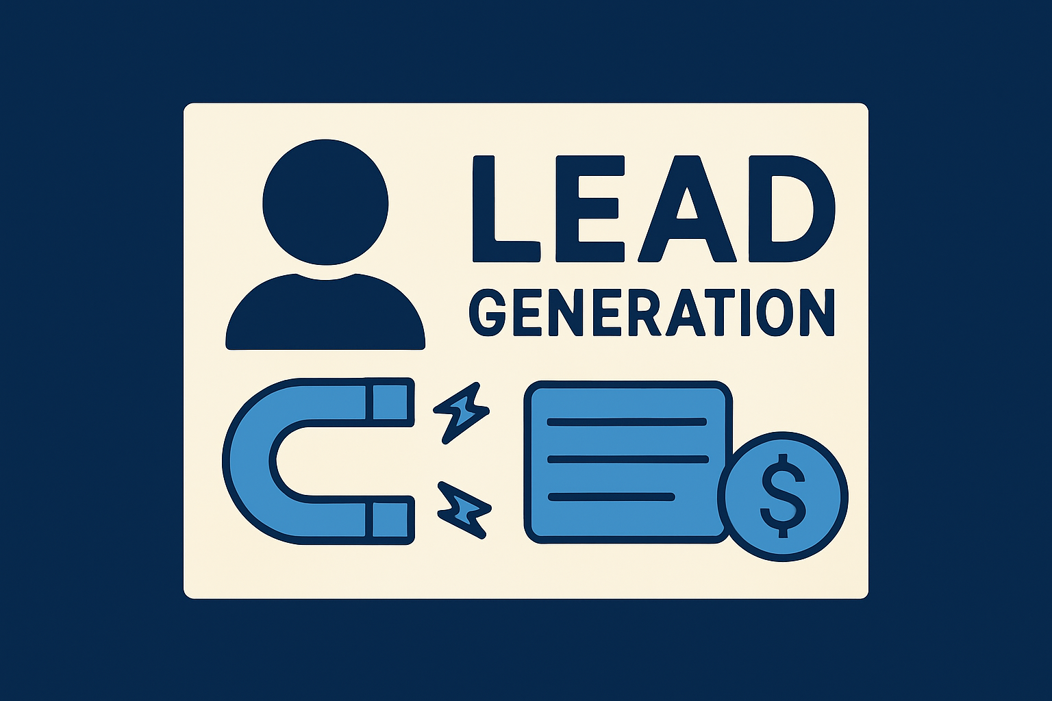 “Lead generation illustration showing a user profile icon, a magnet attracting leads, and a money symbol, representing customer acquisition and conversion for digital marketing.”