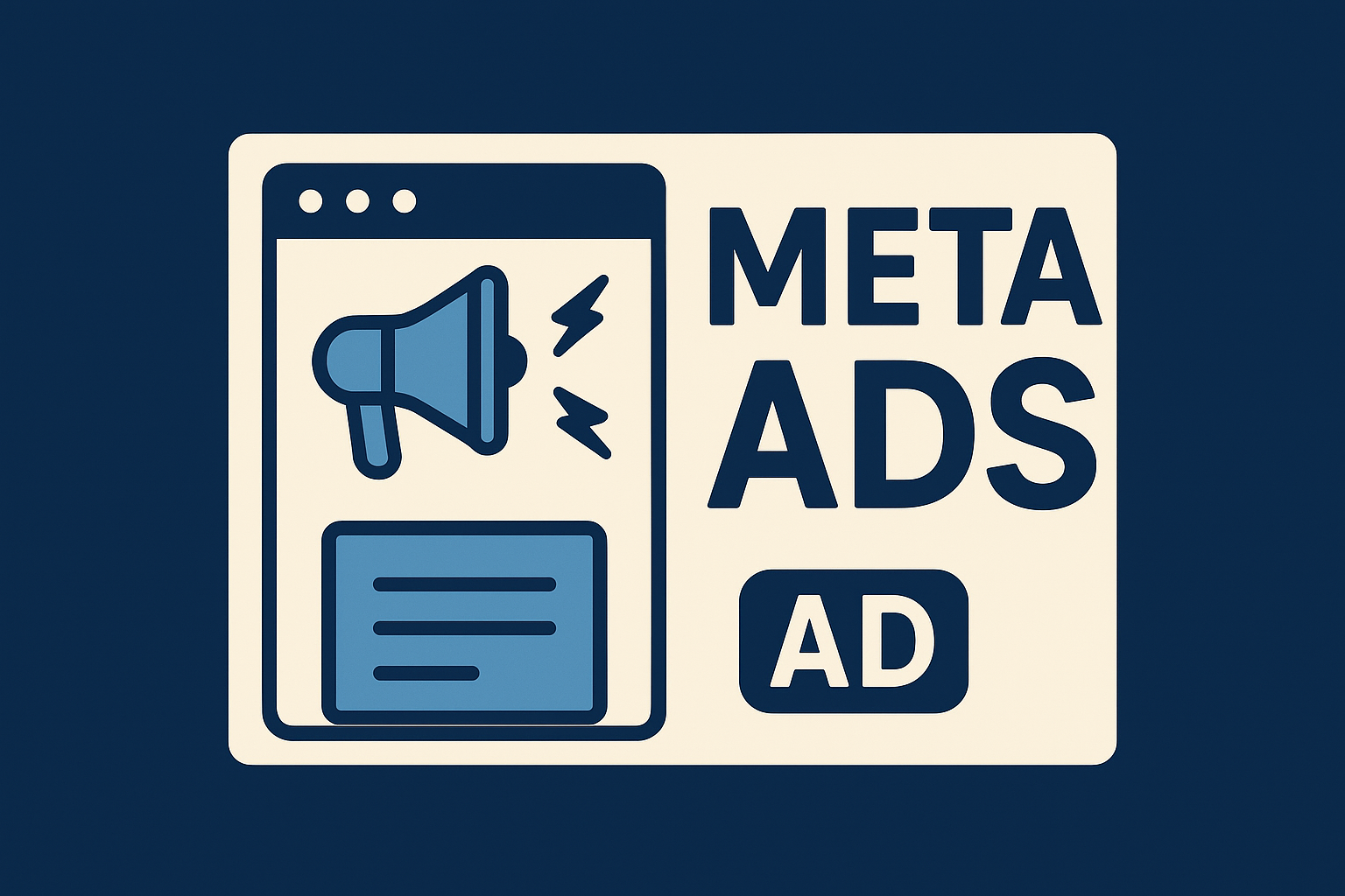 Meta Ads illustration showing a digital ad layout with a megaphone icon, text content, and the words ‘Meta Ads’ and ‘Ad,’ representing social media advertising and online promotion Facebook & Instagram marketing