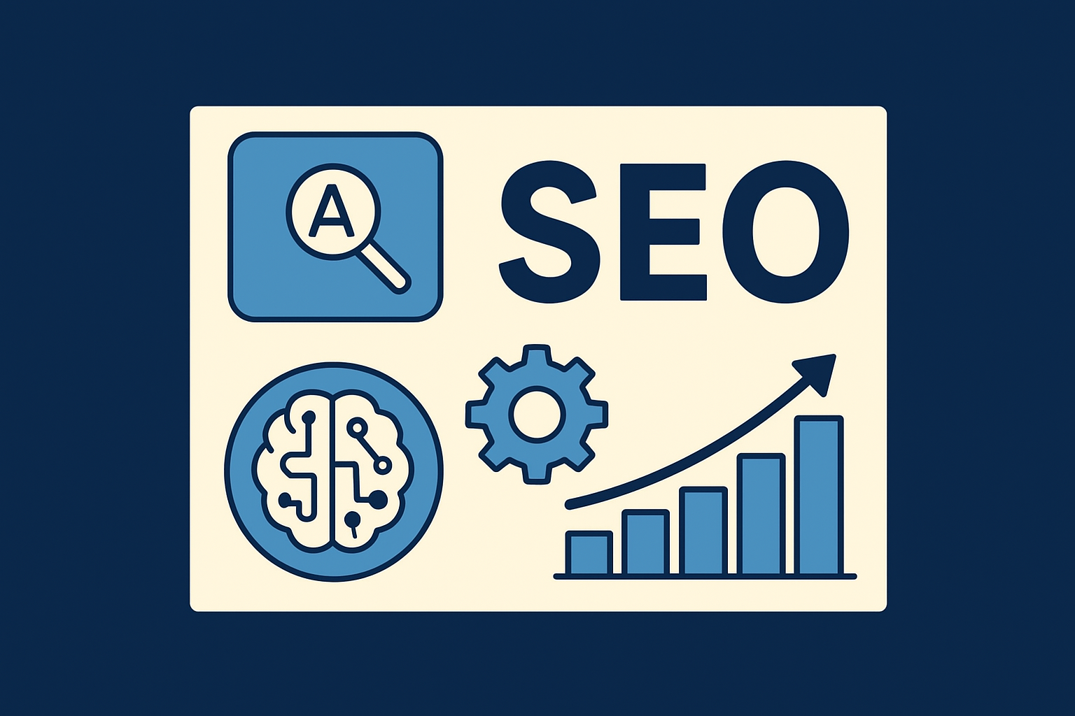 SEO concept illustration showing a search icon, the word ‘SEO,’ a brain and gear symbol, and an upward bar graph representing website optimization, analytics, and growth SEO services